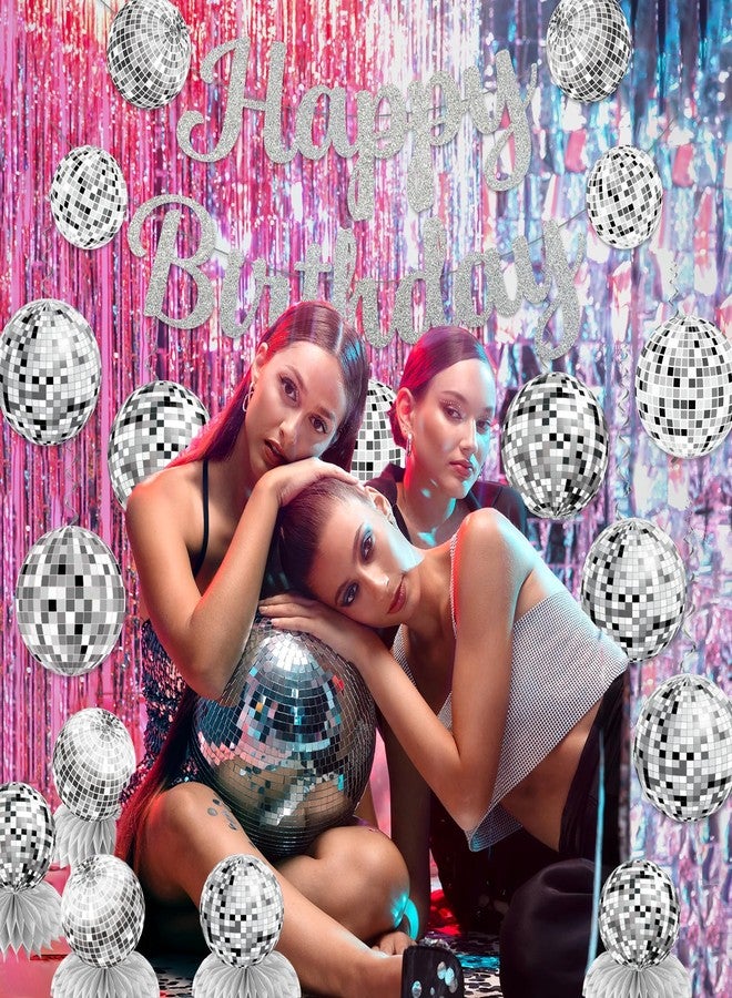 NUTTYBASH Disco Birthday Party Decorations - Silver Disco Ball Banner, Honeycomb Centerpieces, 70s-80s-90s Themed Party Pack - Image 2